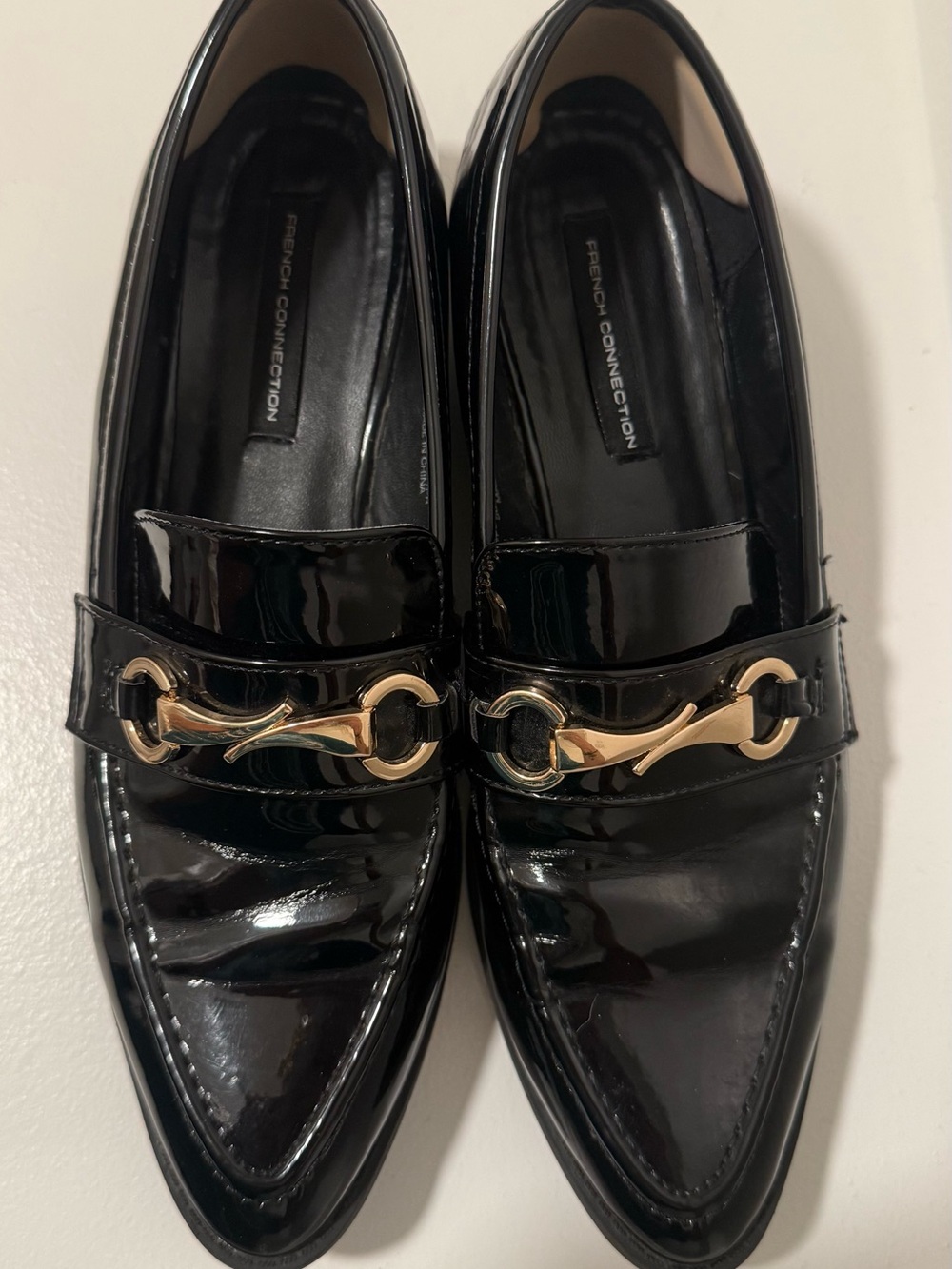 Black Patent Loafers Gold Horsebit Vegan Leather 7.5 French Connection